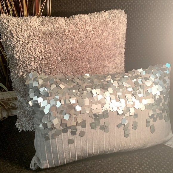 Gray Accent Pillows Set of Two with Silver Sequins Rectangle/Lumbar and Square - Picture 4 of 6